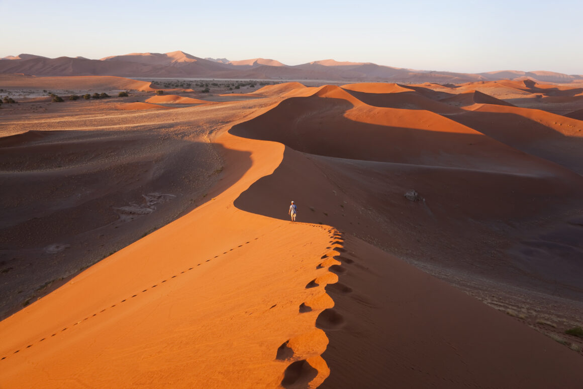 Namibia,Aerial view of desert landscape, distant view of person walking along ridge of sand dune. 5 Ways You Can Finance Better